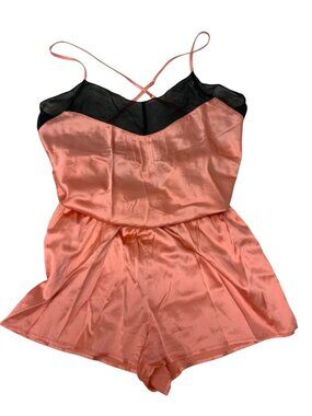 La Fee Verte Silk Romper Salmon Color/Black Trim Plunge Back